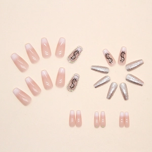 Pink gradient long ballet press-on nails with silver glitter and dollar sign crystals