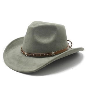 Grey-green faux suede wide brim fedora hat with brown studded leather star band