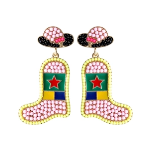 Detail of pink beaded cowboy hat and colorful enamel boots earrings with gold finish