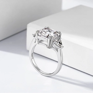 Detailed view of S925 sterling silver ring with rectangular radiant cut ice zircon stone