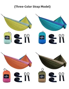 Details of portable nylon hammocks in various color combinations with storage bags