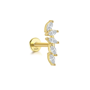 Detail view of gold S925 sterling silver ear stud with marquise-cut gems and S925 hallmark