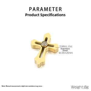 Macro detail of gold stainless steel cross pendant with hidden projection stone 35x25mm