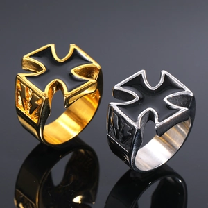 Vintage stainless steel cross ring with black enamel and thunder patterns on a mirror surface