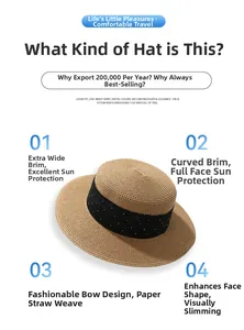 Detail of flat top straw sun hat with black polka dot bow and wide curved brim