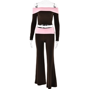 Slim fit brown off-shoulder long sleeve top and flared pants set with pink contrast trim