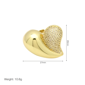 Detailed size view of gold heart pendant with cubic zirconia inlay 28mm by 27mm