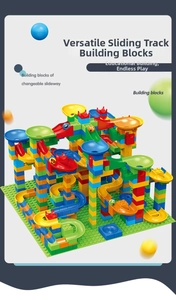Close-up of multi-level DIY marble run building block track with colorful rolling balls