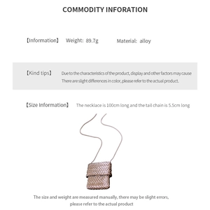 Detail specifications for champagne gold woven bag necklace made of premium alloy