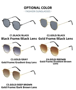 Five styles of retro wide wire metal frame sunglasses in various colors on white background