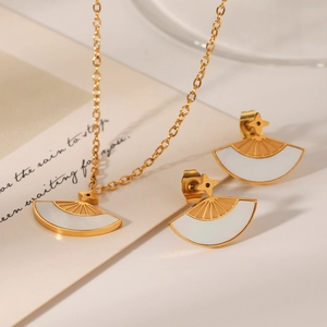Fan Shaped Necklace And Stud Earrings Stainless Steel White Shell Inlay Gold Plated Elegant Women