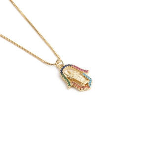 Gold Hamsa Hand pendant necklace with colorful cubic zirconia stones on white background