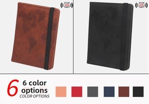 Detail of world map embossed leather passport holder with RFID protection and elastic strap