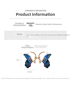 Detail view of large butterfly hoop earrings with embroidery and 28g weight info