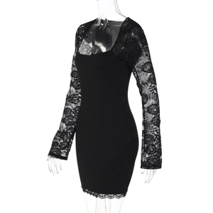 Detail of square neckline and floral lace sleeves on a slim black long-sleeve dress