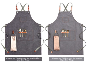 Detailed comparison of gray waterproof canvas aprons with multi-functional storage pockets