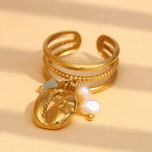 18K gold plated multi-layer open ring with pearl charms and seashell pendants