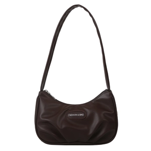 Minimalist dark brown pleated crescent shoulder bag in matte PU leather with fashion logo