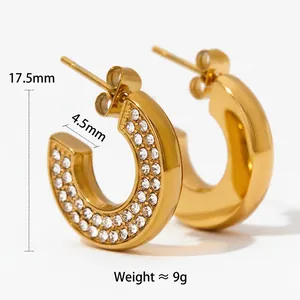 Elegant gold-plated stainless steel C-shaped hoop earrings with multi-row rhinestones