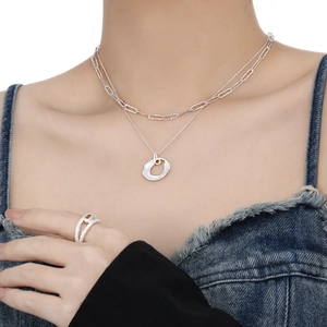 Elegant S925 silver double-layered necklace and lava texture ring set with amber gemstone