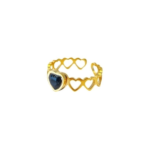 18k gold plated stainless steel open ring with heart-shaped black stone and hollow band