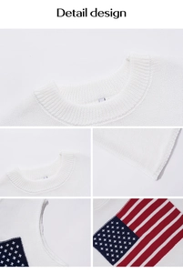 Detailed views of white knit vest featuring American flag print and round neck design