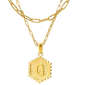 Double Layer Initial Necklace 18K Gold Plated Stainless Steel Paperclip Chain Hexagon Pendant Jewelry For Women