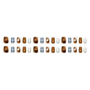 Brown cat eye and blue-grey checkered short square press-on nails set in 24 pieces