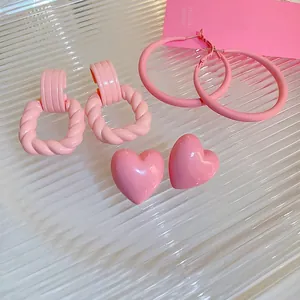 Pink Heart Hoop Geometric Earrings With 925 Sterling Silver Earring Post Acrylic Resin Sweet Fashion Jewelry For Women