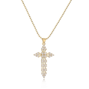 Gold plated cross pendant necklace with sparkling cubic zirconia on a ball chain