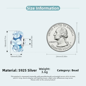 Blue flower charm bead S925 silver 18mm height measurement with coin for size reference