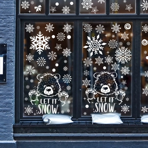 Christmas window decals with cute bears and Let It Snow patterns for festive holiday decor