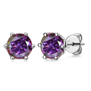 Detail of S925 sterling silver 6-prong earrings with round cut purple moissanite stones