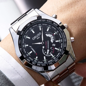Executive men's silver stainless steel chronograph watch with black dial and calendar