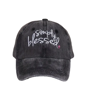 Washed dark grey denim baseball cap with white Simply Blessed embroidery and pink cross