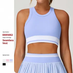 Women Seamless Ribbed Yoga Vest Top Contrast Striped Pullover Slim Fit I-Back Sport Bra Breathable Moisture Wicking Gym Top