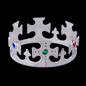 Silver plastic king crown for kids party with colorful jewels and cross design