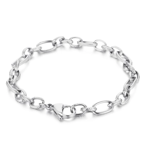 Polished stainless steel chain bracelet with textured rings and secure lobster clasp