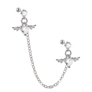 Silver angel wing heart zircon double stud earring with connection chain