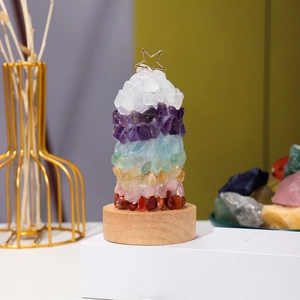 7 Chakra crystal stone Christmas tree night light with wooden base and star topper
