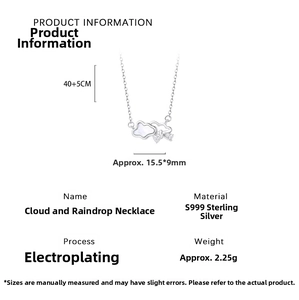 Detail view of S999 silver cloud and raindrop necklace with 40+5cm chain specifications
