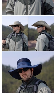 Detail of wide brim outdoor sun hat with breathable mesh and adjustable chin strap