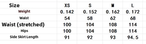 Size chart for bohemian ruffled shirt and skirt set showing waist and hip measurements