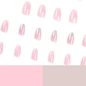 Pink and silver glitter gradient coffin fake nails set in minimalist flat lay display