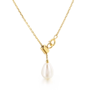 Elegant silver Y-shaped tassel necklace with lustrous teardrop pearl on white background