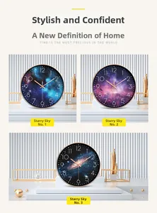 Detailed views of starry sky wall clocks with black frames and rose gold hands
