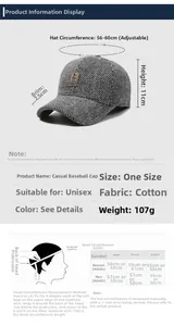 Size chart for winter baseball cap with ear protection and adjustable 56-60cm circumference
