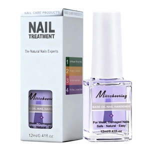 Close-up of Misscheering nail strengthener bottle with box for weak and damaged nails
