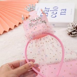 Pink princess crown headband with happy birthday sequins and mesh veil for party
