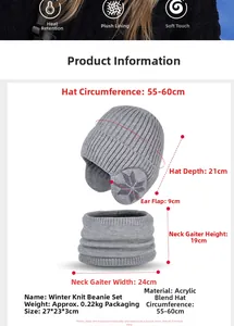 Size chart for winter knit hat and neck gaiter set with detailed dimensions in grey